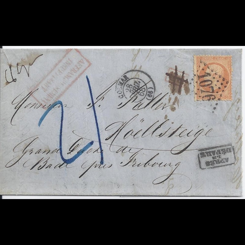 Frankreich 1868 Porto 21 Kr F Brief V Colmar Via Basel N Baden