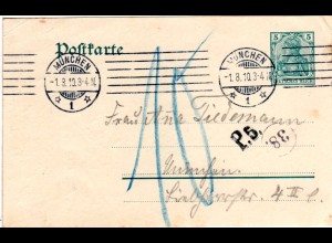 Bayern 1910, München Portokontoll Stpl. P.5. auf DR 5 Pf. Germania Ganzsache