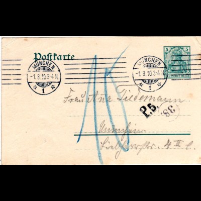 Bayern 1910, München Portokontoll Stpl. P.5. auf DR 5 Pf. Germania Ganzsache