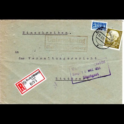 BRD 1955, Landpoststempel UNTERMÄSSING über Roth b. Nürnberg auf Reko Brief 