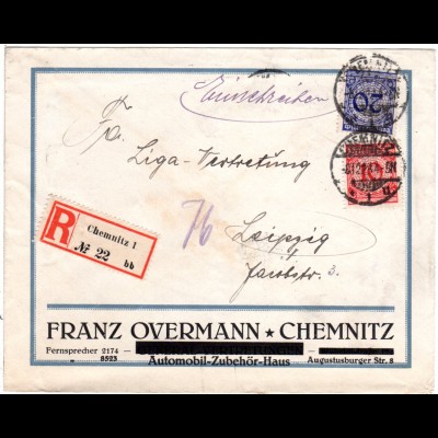 DR 1923, 10+20 Pf. Germania auf Reko Dezember-Brief v. Chemnitz
