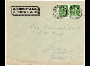 DR 1922, MeF 2x100 Pf. auf Firmen Brief v. Röderau n. Leipzig.