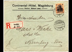 DR 1908, EF 30 Pf. Germania auf Hotel Brief v. Genthin n. Nürnberg