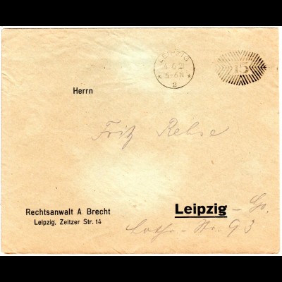 DR 1921, 15 Pf. Maschinen-Postfreistempel auf Orts-Drucksache v. Leipzig
