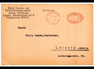 DR 1922, 200 Mk. Maschinen-Postfreistempel auf Orts-Drucksache v. Leipzig