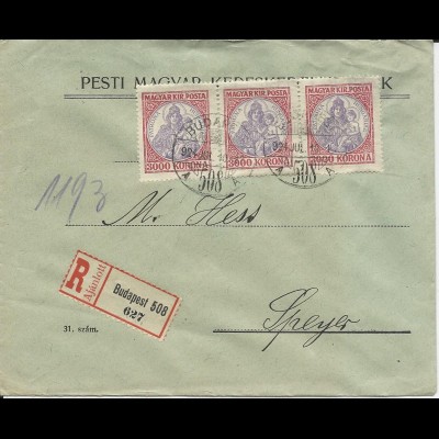 Ungarn 1924, 3er-Streifen 3000 Kr. auf Einschreiben Brief n. Speyer, DR. #2242