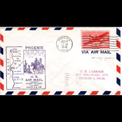 USA 1949, 6 C. waagr. Zähnung auf Erstflug Brief v. Phoenix n. Reno Nevada
