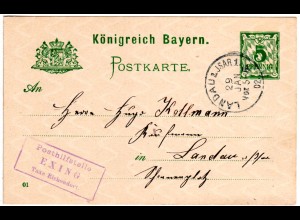 Bayern 1902, Posthilfstelle EXING Taxe Eichendorf klar auf 5 Pf. Ganzsache