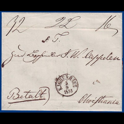 Denmark 1855, 32 Skilling prepaid heavy letter ("2L") to Norway #S427