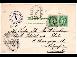 Norwegen 1902, 5 öre auf 5 Öre Ganzsache m. K2 FELTPOSTKONTOR No.1 n. Finnland