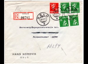 Norwegen 1941, 5 Marken auf Reko Brief v. Oslo an Dt. Feldpost 31740, dann 00294