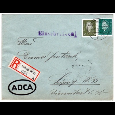 DR 1929, 8+30 Pf. auf Orts-Einschreiben Brief v. Leipzig W33