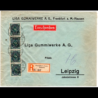 DR 1923, MeF 4x50 Mk. auf Firmen Einschreiben Brief v. Frankfurt (Main)-Hausen.