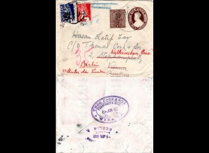 Indien 1932, 1 A. auf 1 A. Ganzsache Brief v. Kihim m. 2 Österreich Portomarken