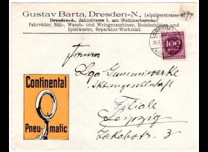 DR 1923, EF 100 Mk. auf Continantal-Pneumatic Firmen-Brief v. Dresden.