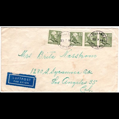 Schweden 1946, MeF 4x40 öre auf Luftpost Brief n. USA m. K1 FÖLLINGE POSTOMB.