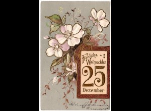 Fröhliche Weihnachten 25. Dez, 1908 gebr. Farb Präge-AK m. Blumen