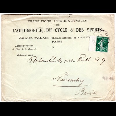 Frankreich 1908, 5 C. auf Umschlag Internat. Automobil u. Fahrrad Ausstellung 