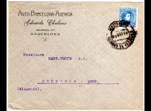 Spanien 1908, 25 C. auf Firmenbrief Auto-Barcelona-Agencia n. Bayern