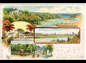 München, Gruss aus der Menterschwaige m. Eisenbahnbrücke, 1900 gebr. Litho-AK