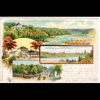 München, Gruss aus der Menterschwaige m. Eisenbahnbrücke, 1900 gebr. Litho-AK
