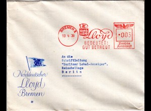 DR 1938, AFS Bremen Nord LLoyd Bedeutet:Gut Betreut auf schönem Vordruck Brief