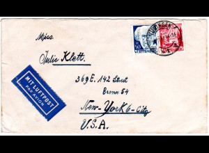 Französ. Zone 1947, 30+50 Pf. Württemberg auf Luftpost Brief v. Tübingen n. USA