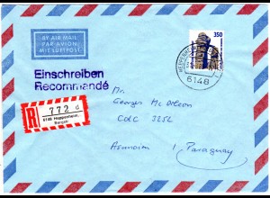 BRD 1989, EF 3,50 DM auf Luftpost Einschreiben Brief v. Heppenheim n. Paraguay.