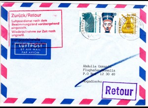 BRD 1991, 3 Marken auf Postsperre Retour Brief v. Frankfurt n. Somalia