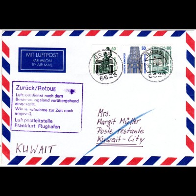 BRD 2000, 3 Marken auf Postsperre Retour Brief v. Bous n. Kuwait.