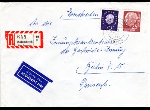 BRD 1962, 25+70 Pf Heuss auf Einschreiben Luftpost Brief v. Rolandseck n. Berlin
