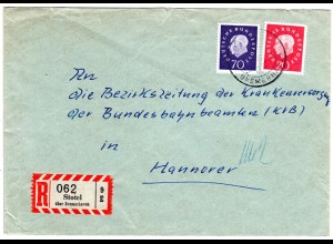 BRD 1962, 20+70 Pf Heuss auf Einschreiben Brief v. Stotel über Bremerhaven