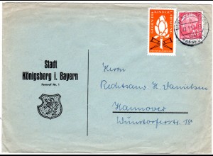 BRD 1957, 20 Pf. u. Kinderlähmumg-Vignette auf Gemeinde Brief v. Königsberg Bay.