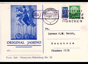 BRD 1955, Landpoststempel 20a HANNOVER 1 auf Hochrad Artisten Karte m. 10 Pf. 