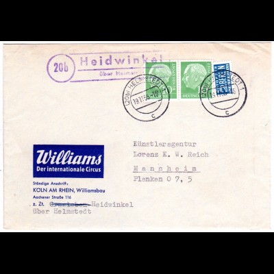 BRD 1955, Landpoststempel 20b HEIDWINKEL über Helmstedt auf Zirkus Brief