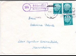 BRD 1956, Landpoststempel 20b DIBBESDORF über Braunschweig auf Brief m. 3x7 Pf.
