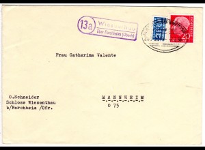 BRD 1955, Landpoststempel 13a WIESENTHAU über Forchheim auf Bahnpost Brief 