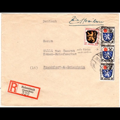 Französ. Zone 1946, 12+3x24 F. auf Einschreiben Brief v. HALSENBACH (Hunsrück).