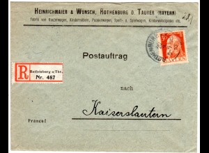Bayern 1913, EF 30 Pf. Luitpold auf Postauftrag-Brief v. Rothenburg i.d. Pfalz