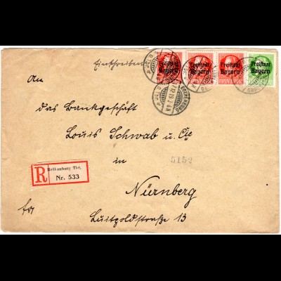 Bayern 1919, 5+3x15 Pf. Freistaat auf Einschreiben-Brief v. Rothenburg Tbr.