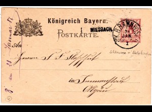 Bayern 1887, MIESBACH Stations-L1 auf Ganzsache m. Bahnpost Schliers.-Holzk. I