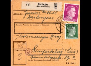 Luxemburg 1944, 5+40 Pf. auf Paketkarte v. Harlingen