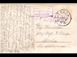 Bayern 1912, Posthilfstelle OBERHAUSEN Taxe Reisbach auf Soldaten Karte 