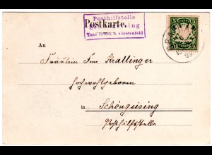 Bayern 1899, Posthilfstelle SCHÖNGEISING Taxe Bruck b. Fürstenfeld auf sw-AK 