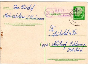 BRD 1958, Landpost Stpl. 20b MAINZHOLZEN über Kreiensen auf 10 Pf. Ganzsache