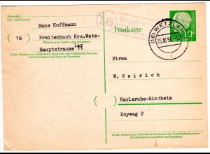 BRD 1958, Landpost Stpl. 16 BREITENBACH über Wetzlar auf 10 Pf. Ganzsache