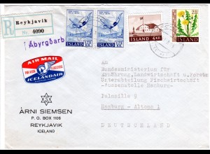 Island 1961, Iceland Air Air Mail Label auf Firmen Einschreiben Brief n. Hamburg