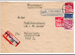 BRD 1950, Landpost Stpl. 14a HAUSEN über Weil der Stadt auf Einschreiben Brief!