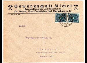 DR 1923, MeF 2x50 Mk. auf Gewerkschaft Michel Braunkohle Brief v. Groß Kayna