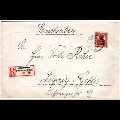 DR 1919, EF 35 Pf. Germania auf Einschreiben Brief m. hds. geändertem R-Zettel